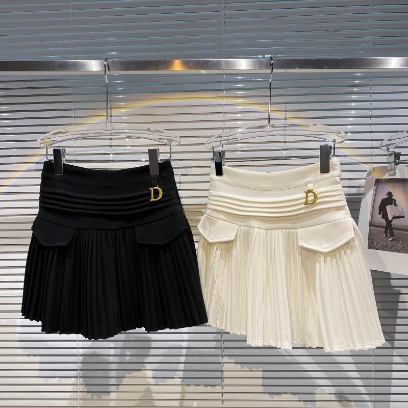 

BORVEMAYS Women Pleated Skirts A-line Mini 2023 Spring Summer New Fashion Trend High Waist Solid Color Letter Temperament