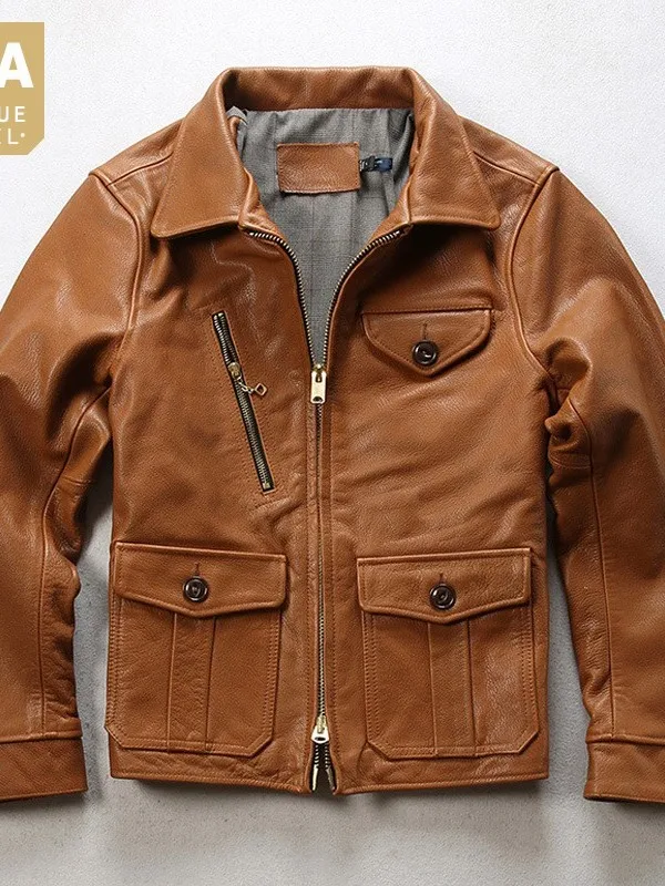 

Goat Vintage Natural Men 100% Leather Jacket Pockets Windproof Biker Outerwear Coat Man New Designer Short Slim Fit Cargo Jacket