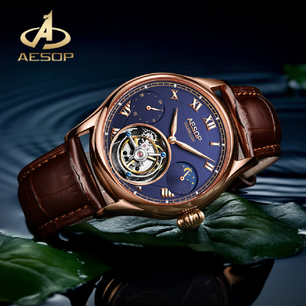 

AESOP Sapphire Glass Waterproof Chronograph Watch Real Tourbillon Manual Winding Mechanical Movement Moon Phase Wristwatch