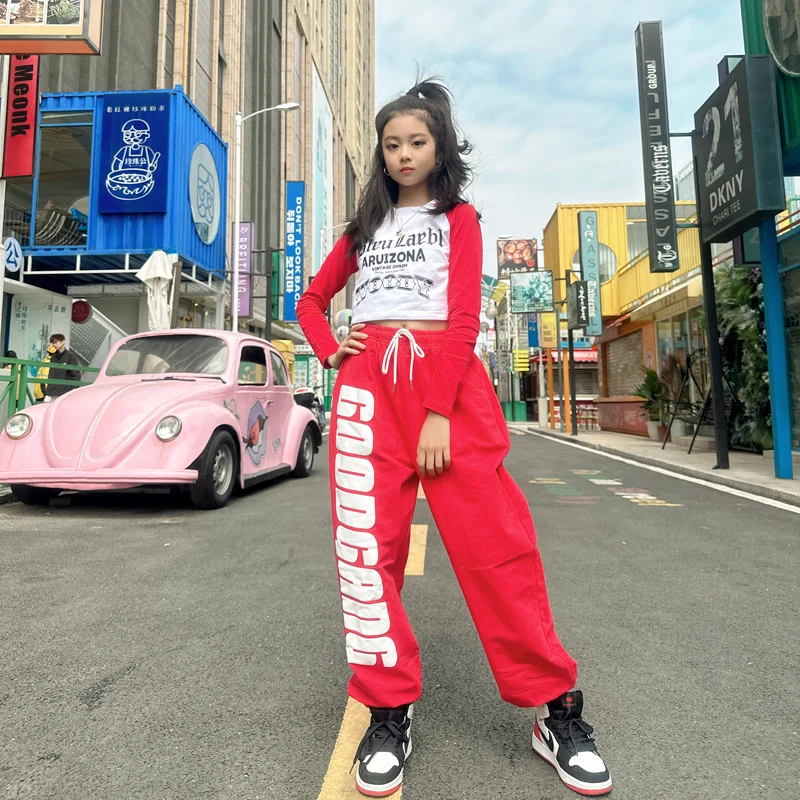 

Kids Hip Hop Dance Clothes For Girls Red White Crop Tops Sweatpants Practice Performance Clothing Jazz Dance Csotume DNV17569
