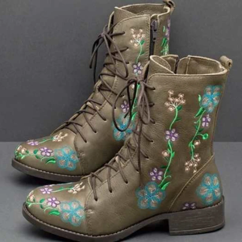 

New Women Martin Boots Vintage Embroidered Lace-up Boots Simple Solid Color Platform Casual Rider Boots Plus Size Bota Feminina