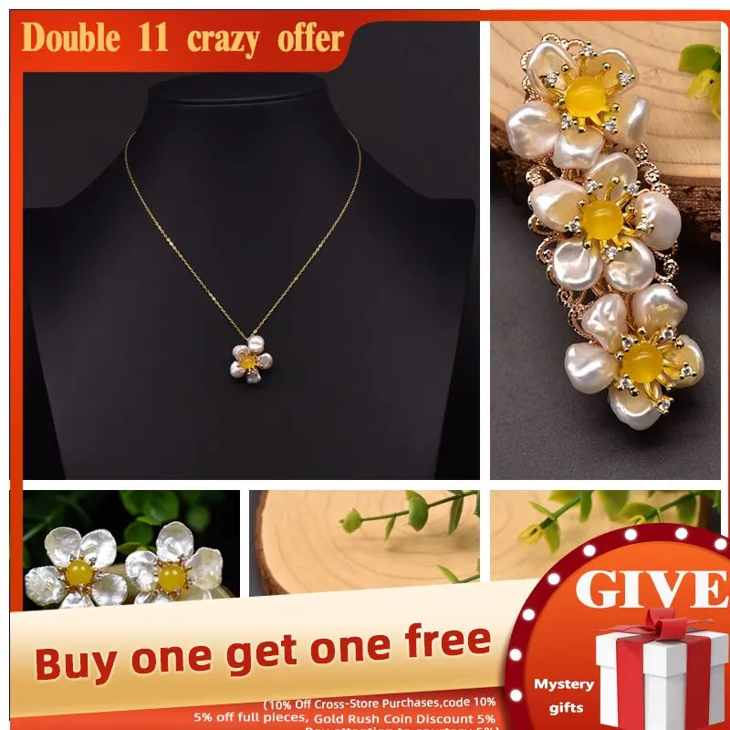 

GLSEEVO Yellow Zircon Flowers Natural Freshwater Pearls Earrings Necklace Ring Woman Trend Fine Luxury Jewelry Set Anniversary