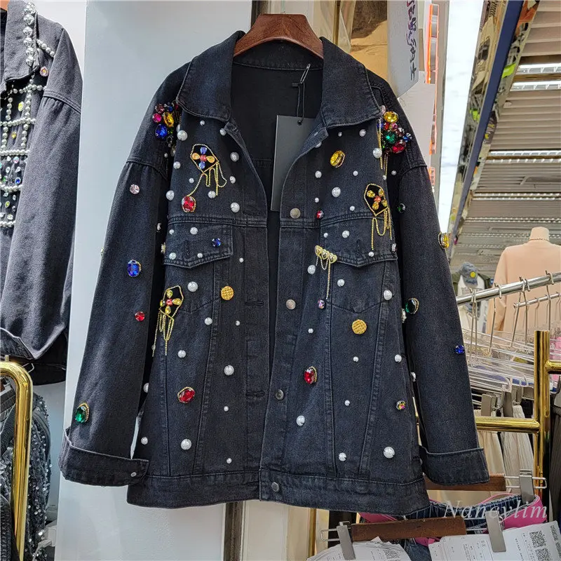 Women's Loose Black Denim Jacket 2023 Spring Coat New Heavy Industry Manual Colorful Crystals Chain Long-Sleeved Coats