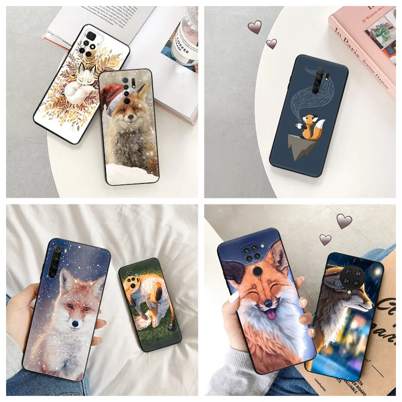 

Cartoon Raccoon Snow Fox Silicone Black Phone Cases for Redmi Note 9 9T 9S 8T 7 8 Pro 6 6A 8A 7A 9A 9C 9i K40 S Soft Cover