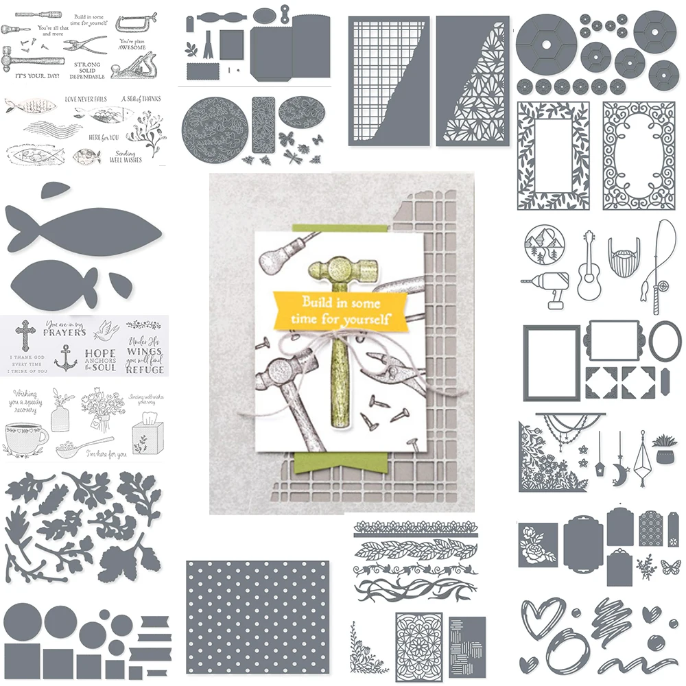 

2022 Tool Fish Cross Flower Paper Leaf Pattern Guitar Frame Decorate Metal Cutting Dies Diy Scrapbook Embossing Silicone Stamps