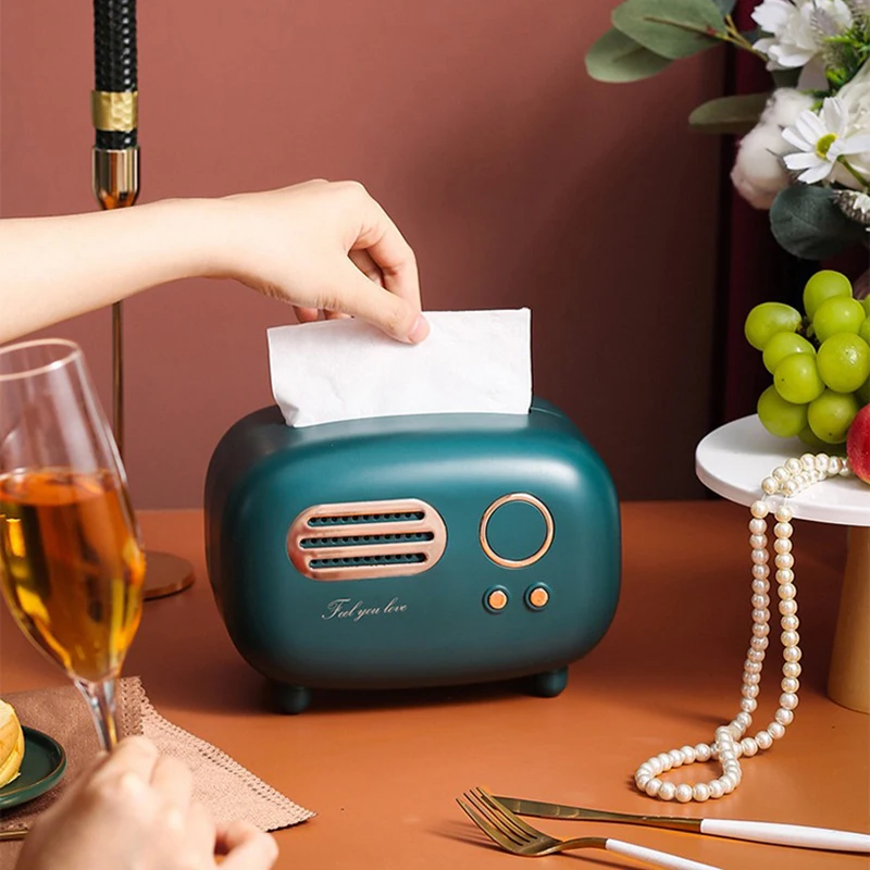 

Retro Radio Model Tissue Box Desktop Paper Holder Vintage Creative Ornament Dispenser Storage Napkin Organizer Decoration Box