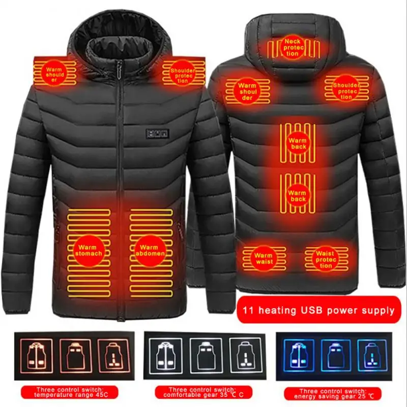 

Men 11 Areas Electric Heating Hooded Coat USB Smart Heating Cotton Coat Winter Camping Mountaining Thicken Warm Waterproof Coat