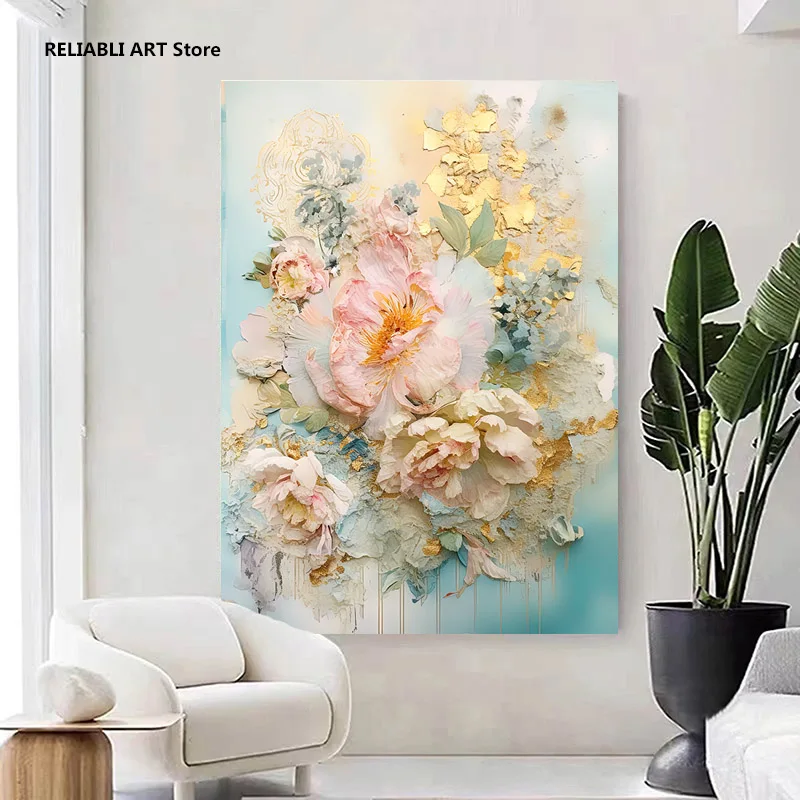 Картина с цветами на голубом фоне и золотым листом. Печать холсте постер для