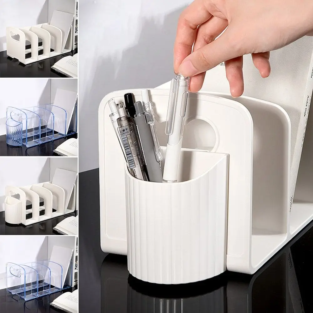 Acrylic Bookends Large Capacity with Pen Holder Desktop Book Transparent 4 Compartments Sorting Rack