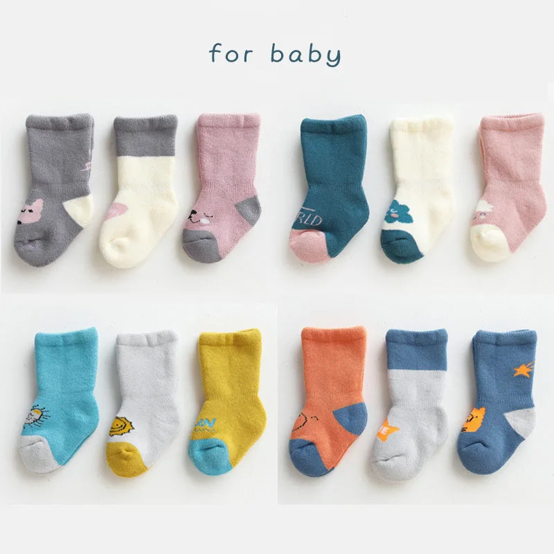 

3 Pair/lot Winter Thicken Toddler Socks Warm Terry Cartoon Children Socks Girls Knee High Boys Kids Socks for 0-5 Years Old