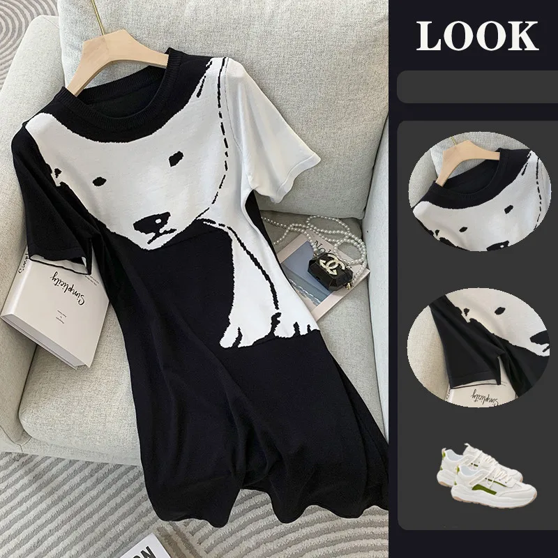

New Summer Knitted Dress Ins Women Black Cute Cartoon Bear Dresses Short Sleeve Runway Style Dresses For Ladies Vestidos NZ133