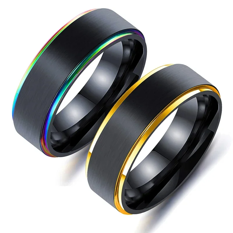 Новое Klassieke 8 мм Regenboog Kleurrijke Titanium Stalen Ring Zwart Geborsteld Wedding Band Mannen
