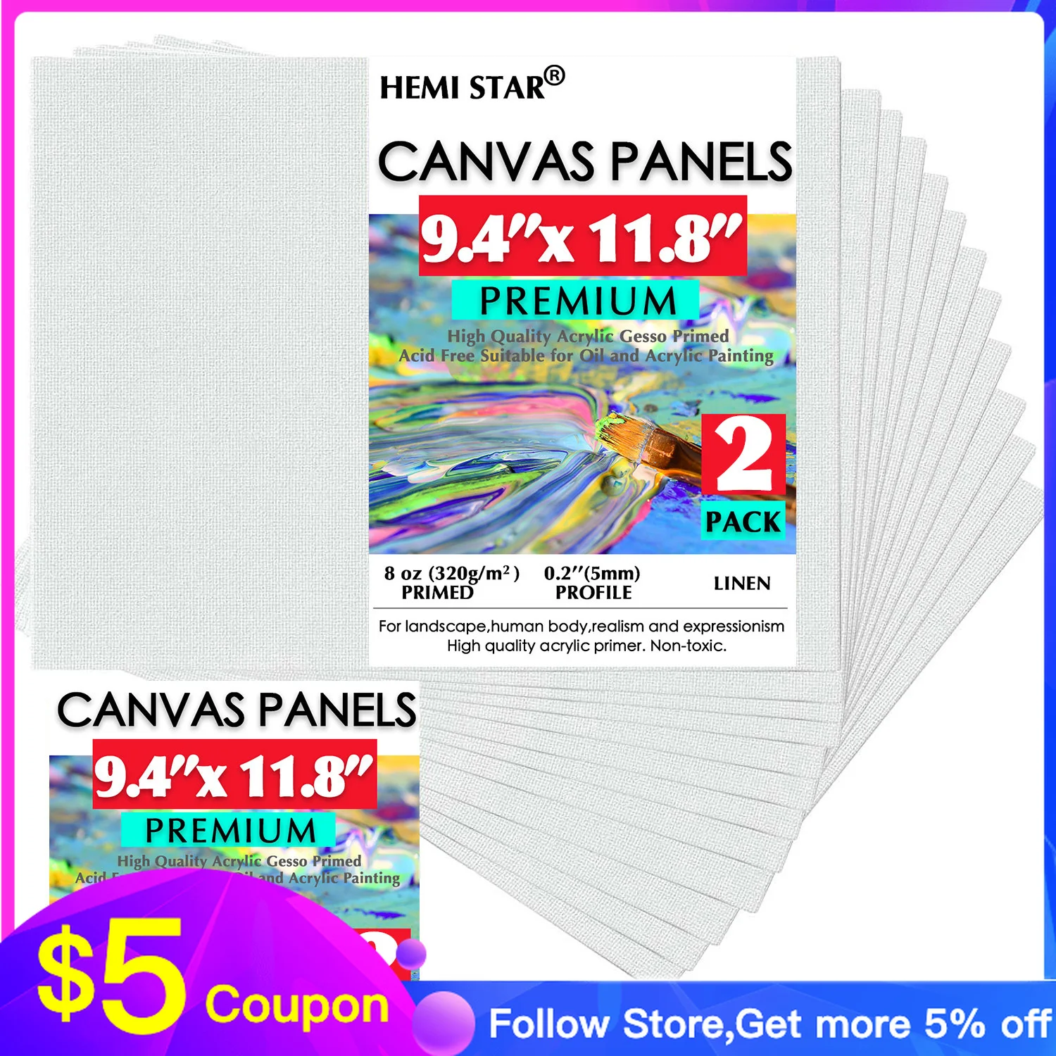 

Painting Canvas Panels Linen 2-pcs Artist Canvas Boards for Painting, 24x30cm-9.4x11.8in Primed White Canvas for Acrylic,Oil