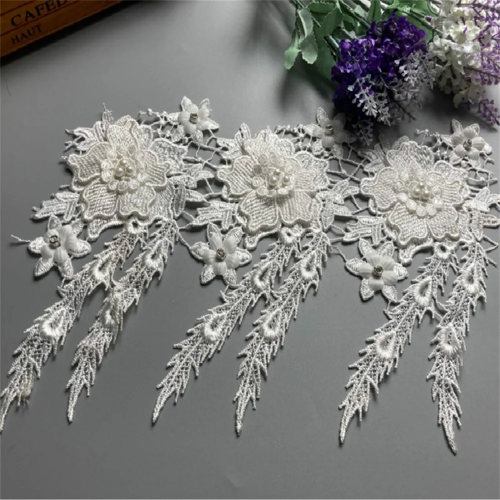 

1 Yard White 10cm Pearl 3D Flower Tassel Lace Trim Ribbon Fabric Embroidered Applique Sewing Craft Wedding Dress Clothes New