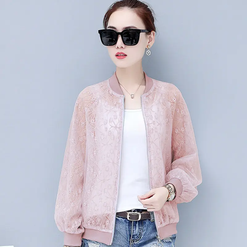

Plus Size 3XL Spring Summer New Women Short Lace Zipper Cardigan Sun Protection Clothing Three-quarter Sleeve Shawl Jacket X154
