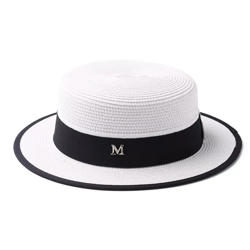 

Top hat sunshade straw hat flat top short brim white hat edge-sealing summer hat female summer sun hat small fresh British wild