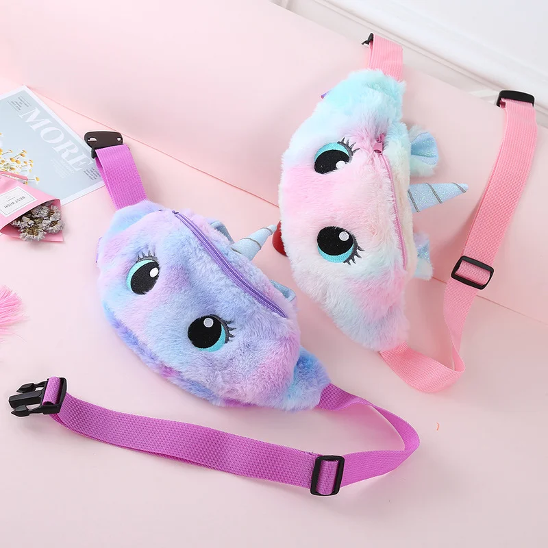 

Cute Unicorn Children's Fanny Pack Girls Waist Bag Kids Plush Toys Belt Gradient Color Anime Cartoon Coin Purse Travel Chest Bag