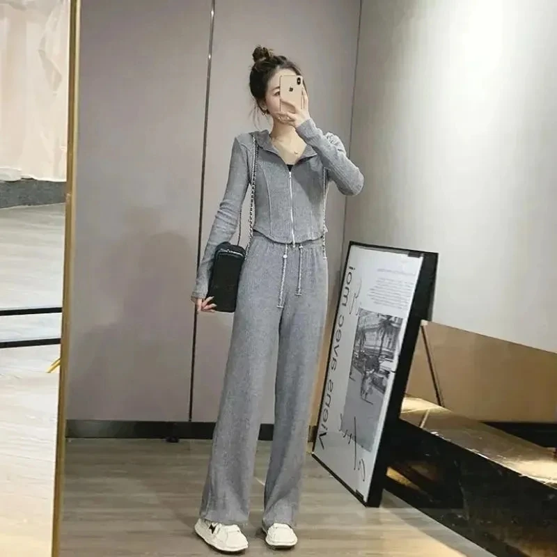

Fashion Senior Suit women's spring 2022 new casual net red sports hooded jacket wide leg pants two-piece set