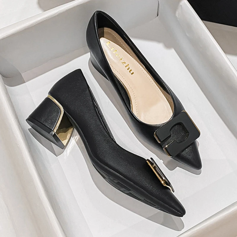 Plus Size 35-43 Women Pumps Pointed Toe Chunky 5cm Heel Pumps Office Lady Leahter Dress Shoes Fashion Buckle Slip on Female