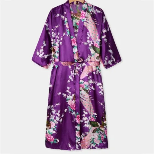 Print Chinese Women Silk Rayon Robes Long Sexy Nightgown Yukata Kimono Bath Gown Sleepwear Plus Size Bathrobes Intimate Lingerie