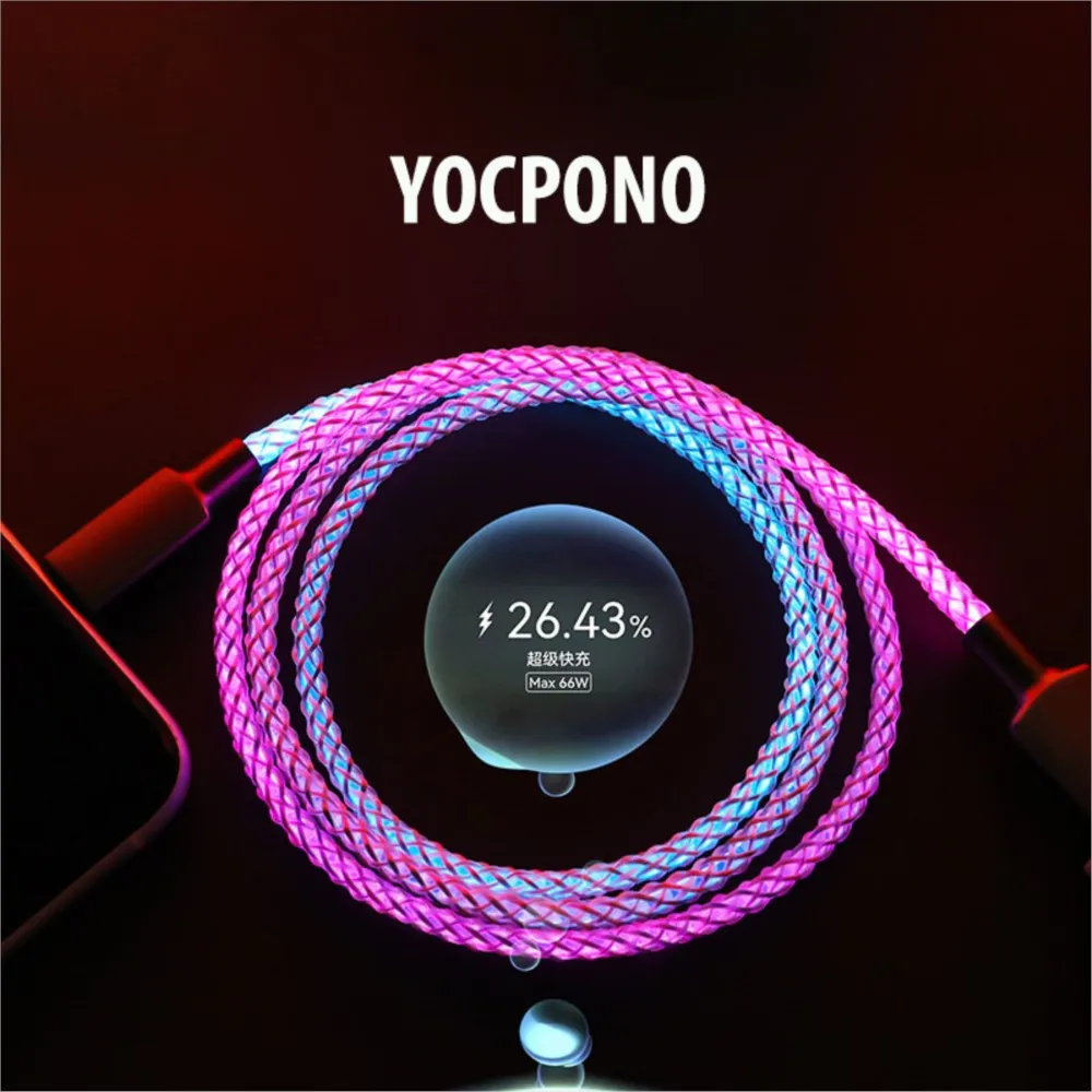 

YOCPONO New RGB fast charging data cable LED gradient 66W streamer charging data cable 6A Super fast charging cable Type-C