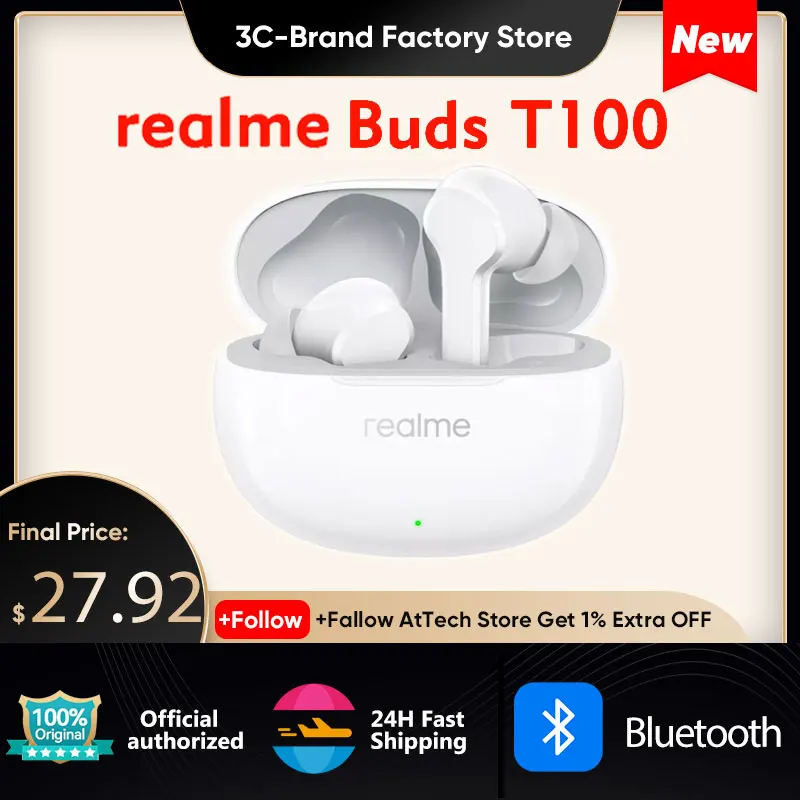 

Беспроводные наушники глобальная версия realme Buds T100 TWS, Bluetooth 5,3, с шумоподавлением