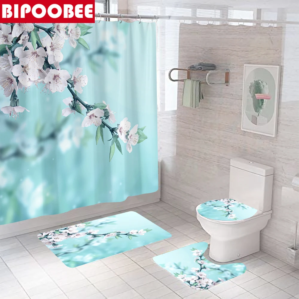 

Beautiful Pink Flowers Pattern Bathroom Curtains Waterproof Fabric Shower Curtain with Hooks Toilet Cover Bath Mat Pedestal Rugs