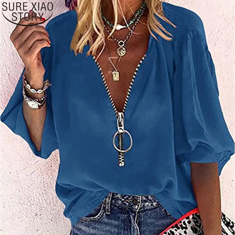 

Женская рубашка, летние топы, женская блузка на молнии с V-образным вырезом, новая модная Повседневная шифоновая блузка с коротким рукавом, ...