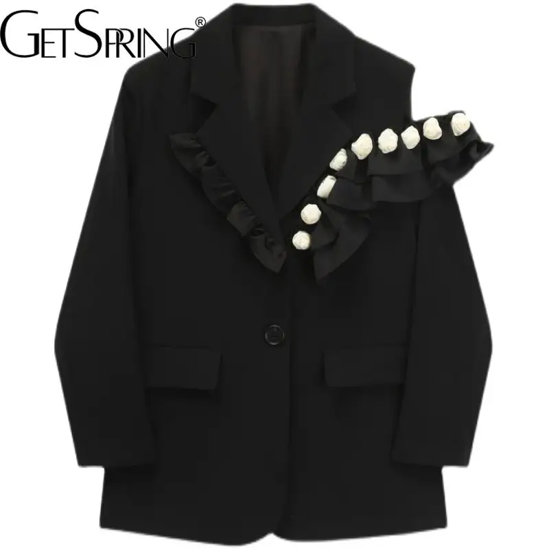 

Getspring Women Blazer Irregular Hollow Out Color Matching Black Blazers And Jackets Asymmetrical Ruffles Fashion Suit Coats