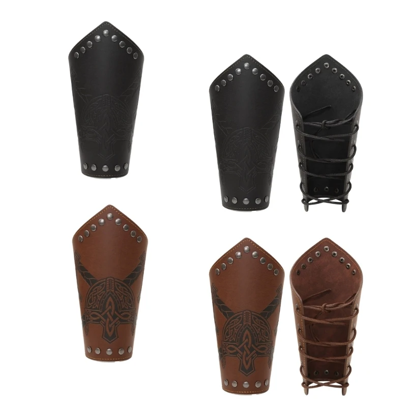 

Halloween Gothic Wrist Bracers with Embossed Pattern Punk Pirate Knights PU Lace Up Wristband