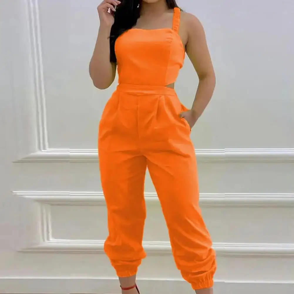 

Lady Jumpsuit Solid Color Sleeveless Sexy Women Criss Cross Tied Detail Backless Jumpsuit Summer Casual Romper Daily Garment