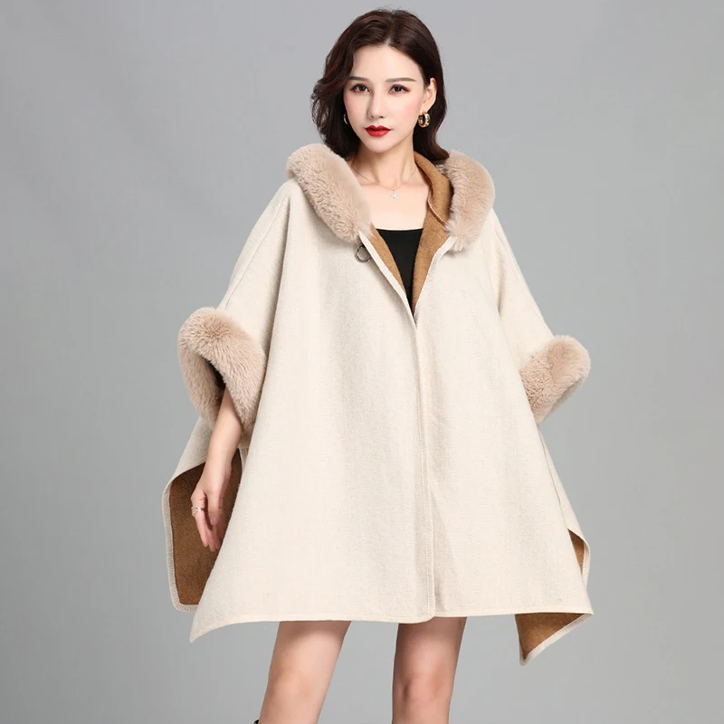 Oversized Loose Single Button Cardigan Rex Rabbit Fur Collar Capes & Ponchos Hooded Faux Fur Large Size Coat Autumn Winter