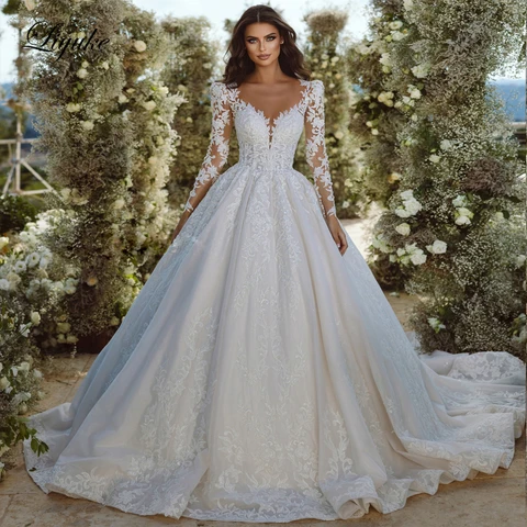 Элегантное бальное платье Liyuke с V-образным вырезом, свадебное платье с бисером, жемчужинами и вышивкой, кружевное платье с длинными рукавами
