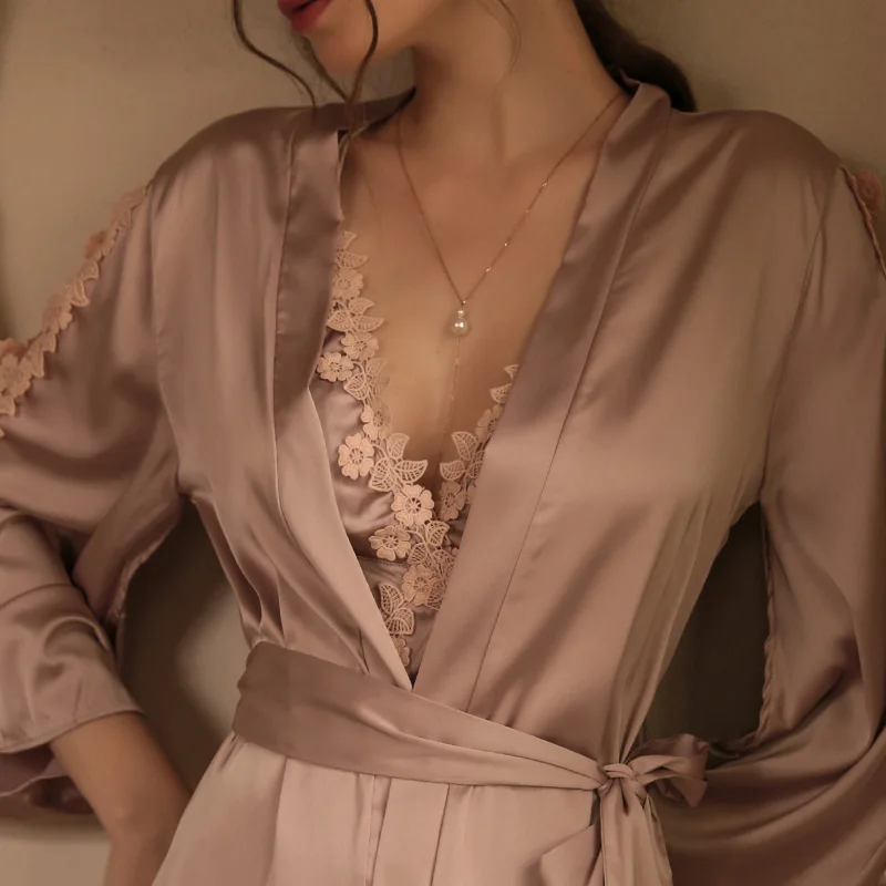 Womens Lounge Set Bathrobe Satin Silk Dress Pajama Lace Sleepwear Nightwear Nighty for Bride Silk Dressing Gowns Home Robe 2022