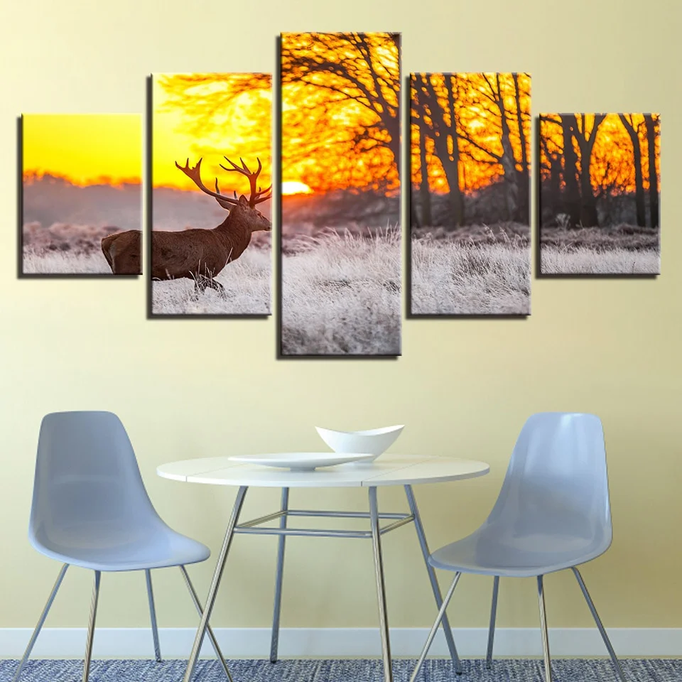 

Canvas Home Decor Paintings Wall Art 5 Pieces Winter Sunset Deer Posters Living Room HD Prints Forest Animals Pictures