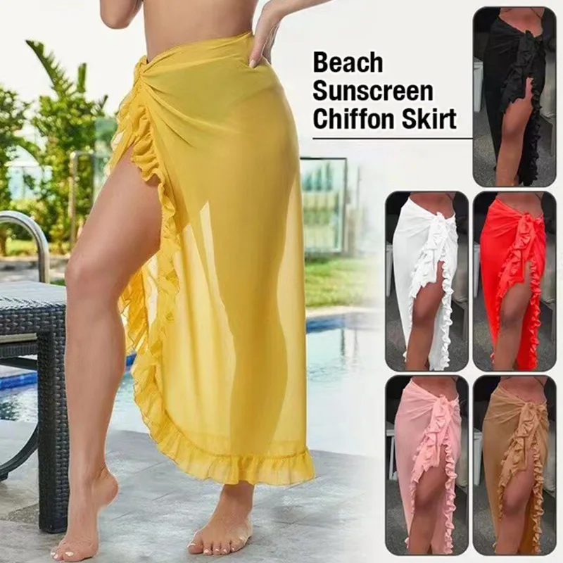 

Женское шифоновое прозрачное пляжное бикини, накидка на шарф, одежда для плавания, парео, саронг, однотонное повседневное пляжное платье с оборками