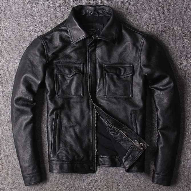 

Free shipping fashion young genuine leather jacket 100% cowhide pockets jackets men vintage style coat cool quality clim clothes