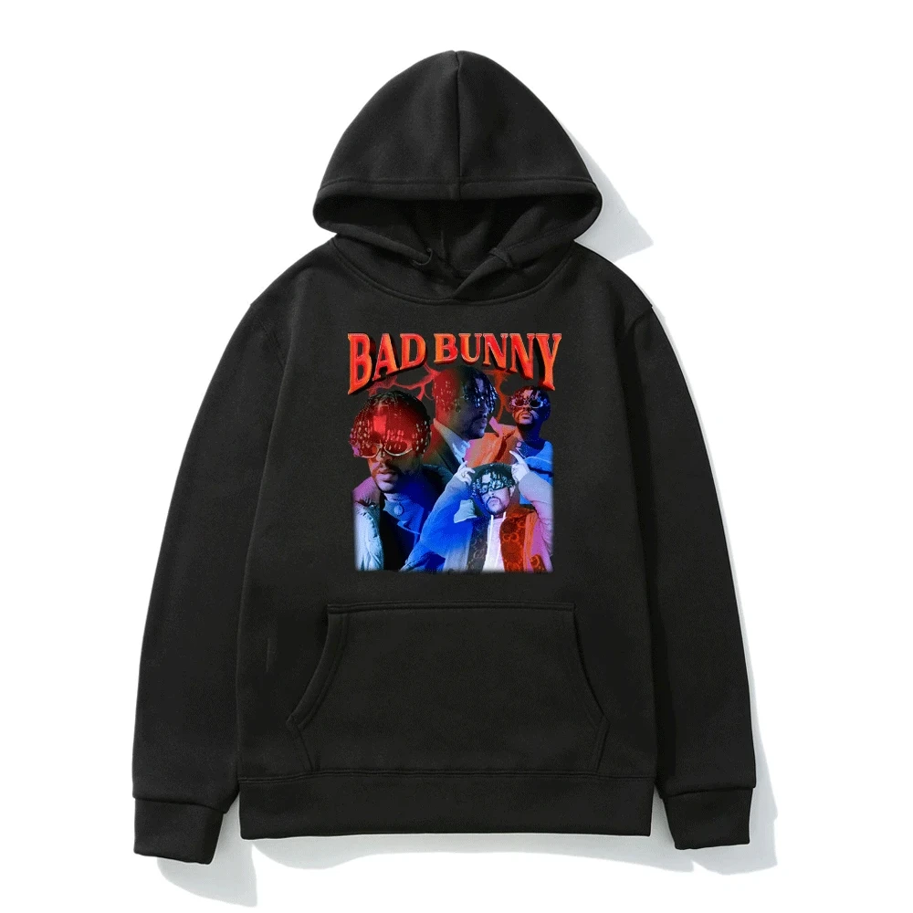 

Худи мужское с графическим принтом «плохой кролик», уличная одежда в стиле хип-хоп, черная флисовая толстовка, Модный пуловер на весну и осень