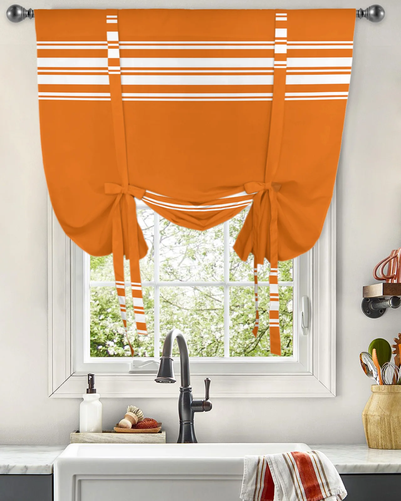 Занавески на окна для кухни в оранжевую полоску карманные шторы дома маленькие