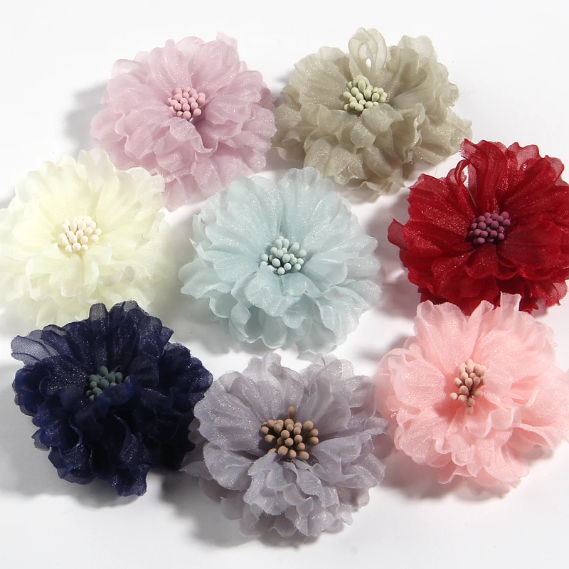 

100Pcs 5cm 2inch Blossom Chiffon Fabric Artificial Flowers With Matches Stamen for Clothing Hats Bags Decoration Brooch Boutique