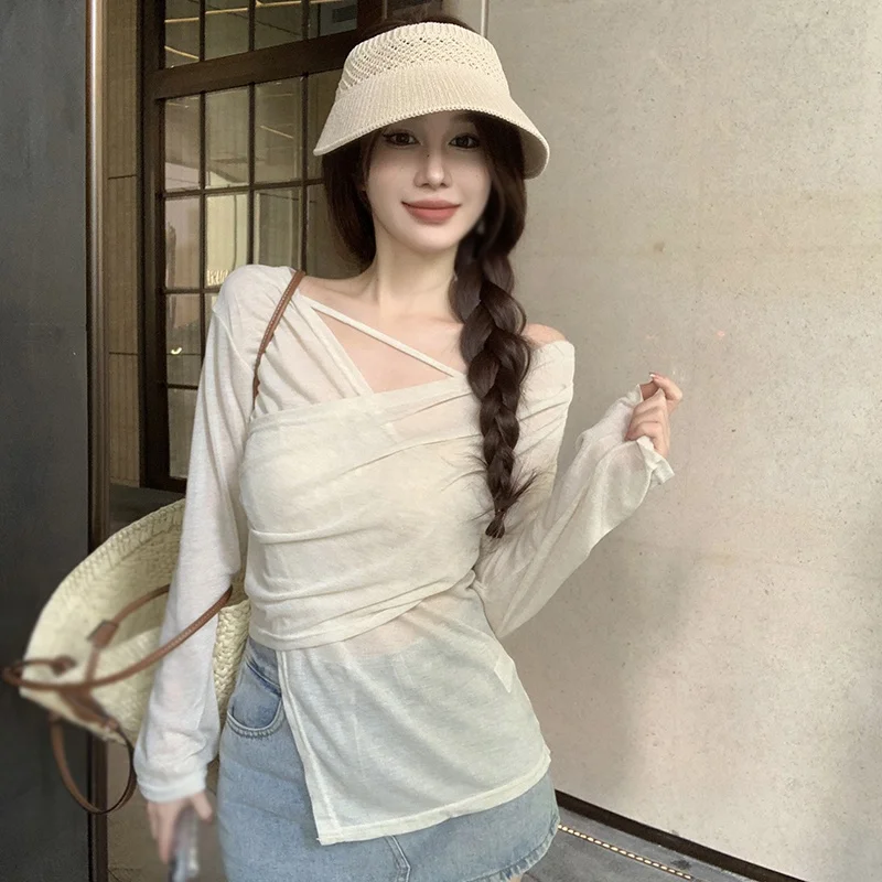 

Женский топ, дышащая однотонная женская рубашка с длинным рукавом, тонкая стильная женская Солнцезащитная рубашка с разрезом, асимметричная