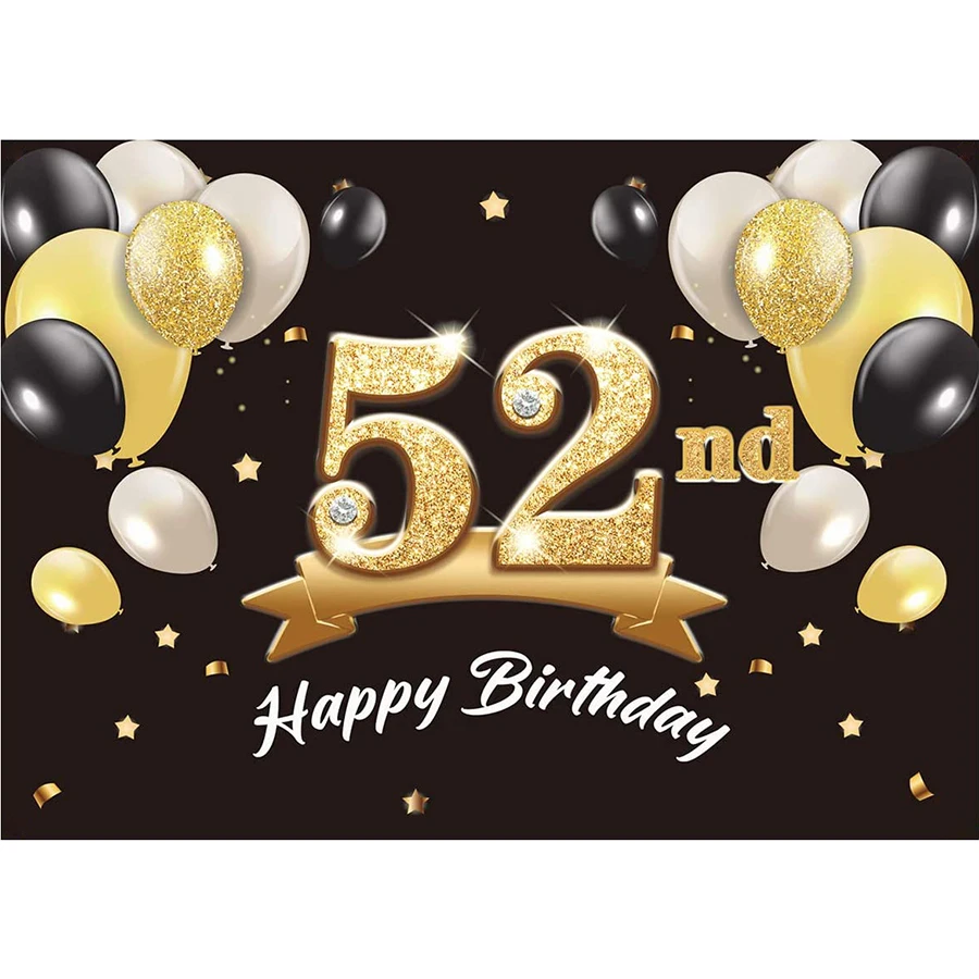 

52nd Birthday Party Table Banner Backdrop Black Gold Balloon Confetti for Girl Women Men Photography Background Photo Booth