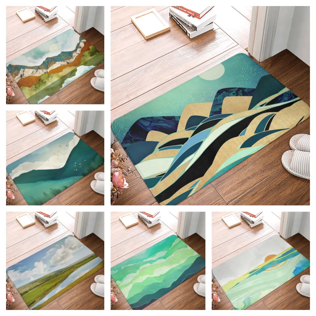 

1Pcs Indigo Mountains Mat Rug Carpet Anti-Slip Bedroom Entrance Door Mat Indigo Mountains Hills Birds Flock Blue Gold Nature