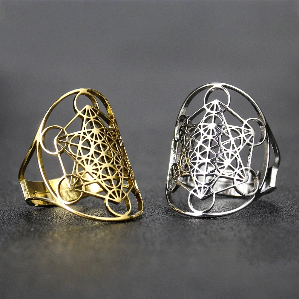 Фото Регулируемое кольцо Metatron Cube для женщин и мужчин, панк, хип-хоп, звезда Давида, открытые кольца на палец, эффектные ювелирные изделия из нержавеющей стали, подарок №4