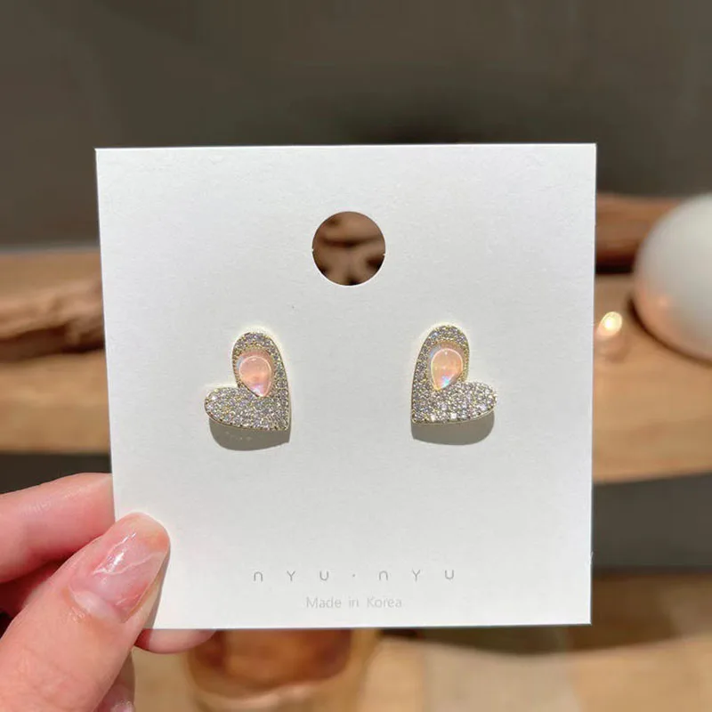 

Korean Earrings Ladies Heart Shape Sweet Pink Rhinestone Stud Earrings Girls Cute Exquisite Fashion Gift Jewelry