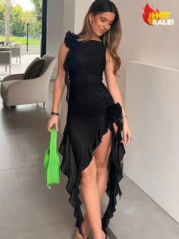 Sexy See Through Mesh Ruffles Tassels Fairy Dresses Women Flower Sleeveless Elegant Club Party Dress Summer Beach Slit Vestidos