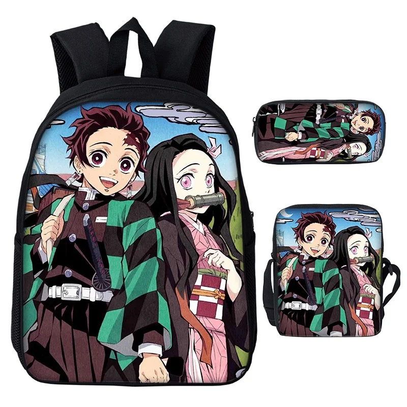 Girls Boys Anime Backpacks 3 Piece Demon Slayer Nezuko Tanjirou Children Fashion Shoulder Bags New Kids Cute Pen Bag All-match