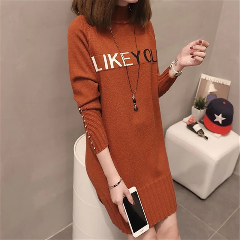 

Winter Autumn Fashion Mid Long Turtleneck Knitted Sweaters Dress Women Pullover Loose Letter Print High Collar Knit Tops Female