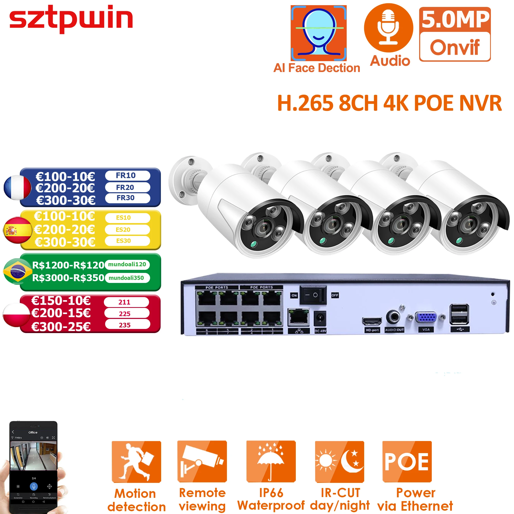 H.265+ 4CH5MP POE Security Camera System Kit Audio Rj45 3mp 4mp 5MP IP FaceDetection Outdoor Waterproof CCTV Video Surveillance