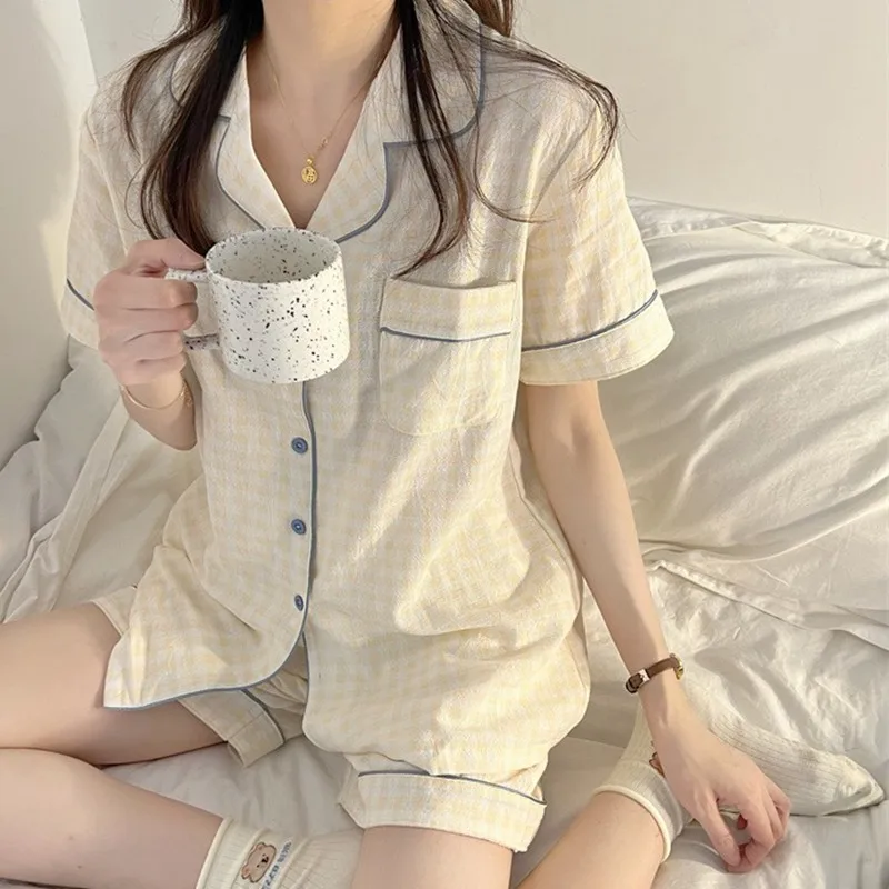 Korean Pajama Mujer Grid Print Cotton Yarn Sleepwear Set Short Sleeve Top+Shorts Ruffle Homewear Skin-Friendly Breathable